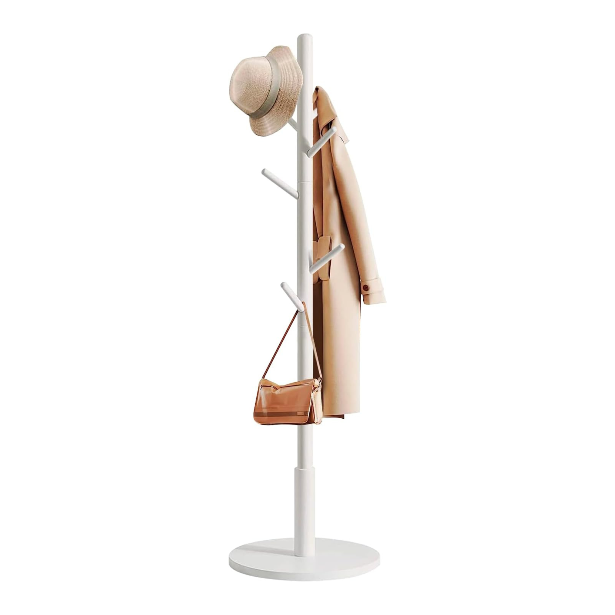 Straight Wooden Coat Hanger Clothes Stand with 8 Hooks White
