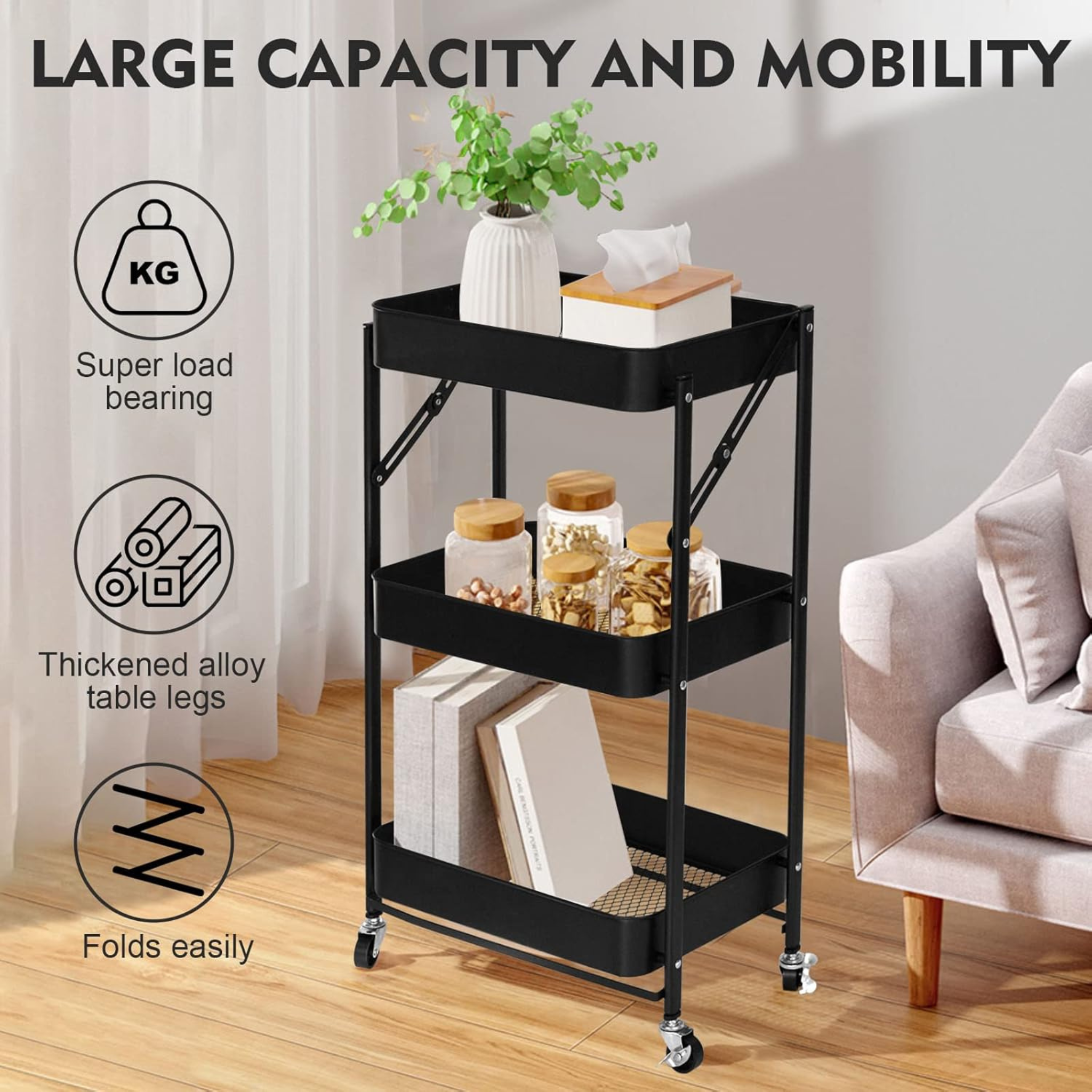 3 Tier Folding Kitchen Storage Trolley Organizer Rack with Locking Wheels
