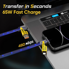 65W 4 IN 1 Braided Fast Charging Cable, USB A, USB C, Lightning Ports