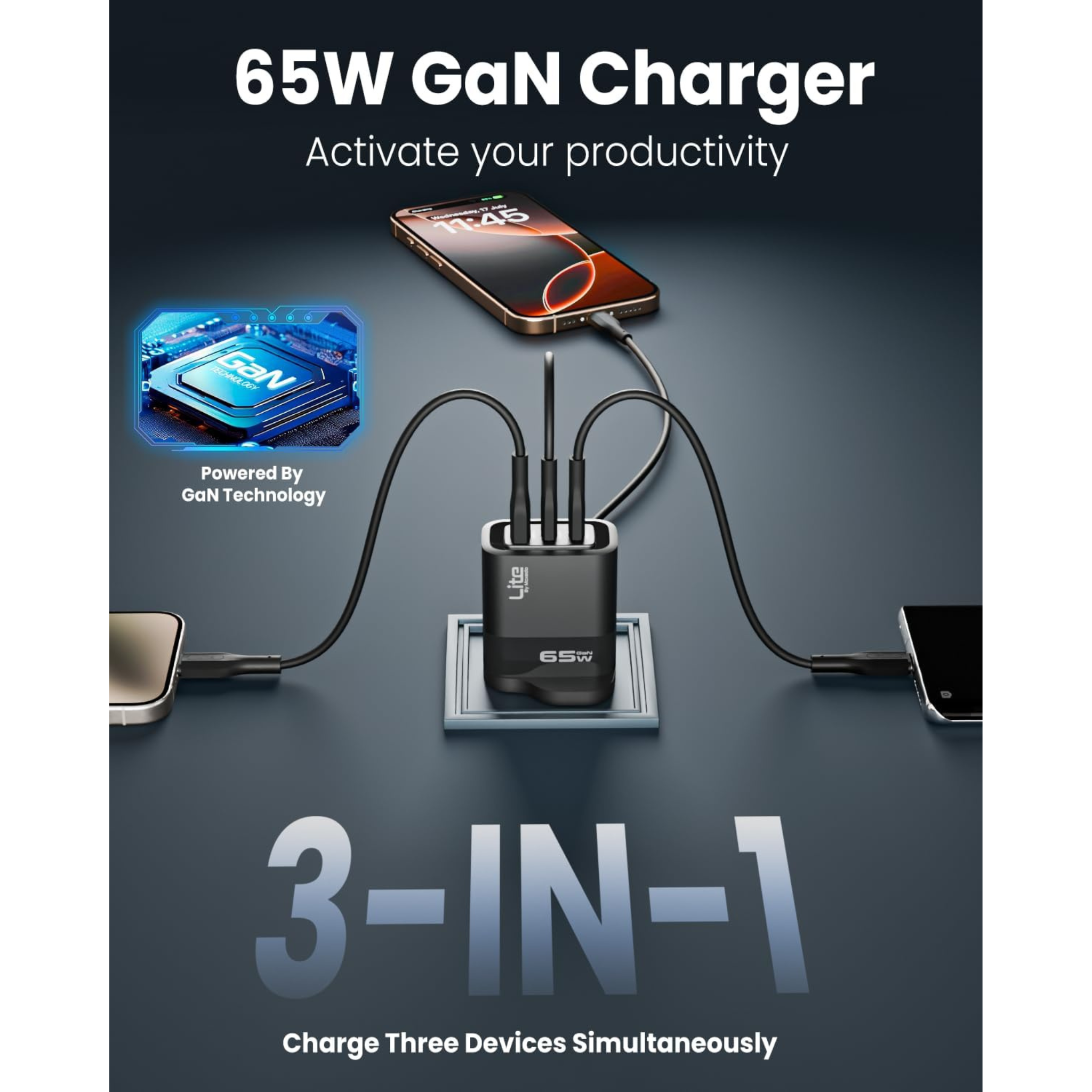 Moxedo Lite 65W GaN Charger Dual USB-C Port / 1 USB-A Port Fast Charging PD 3.0