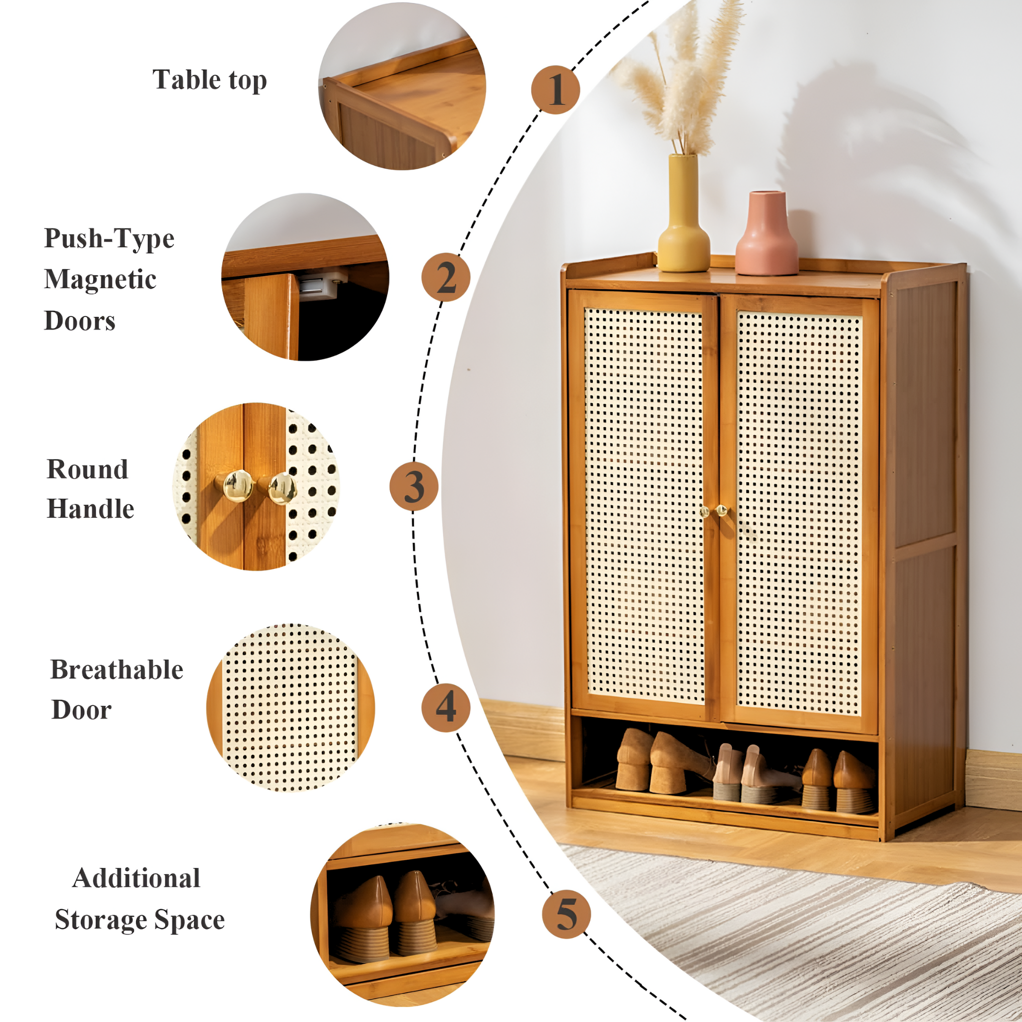 Wooden Shoe Rack with Retro Mesh Doors