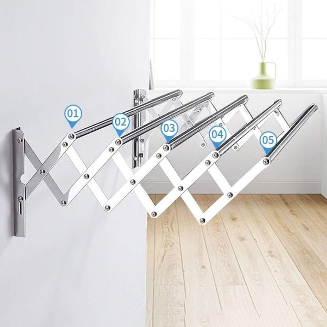 5 Bar Wall Mounted Folding Clothes Drying Rack, Collapsible Extendable Laundry Hanger