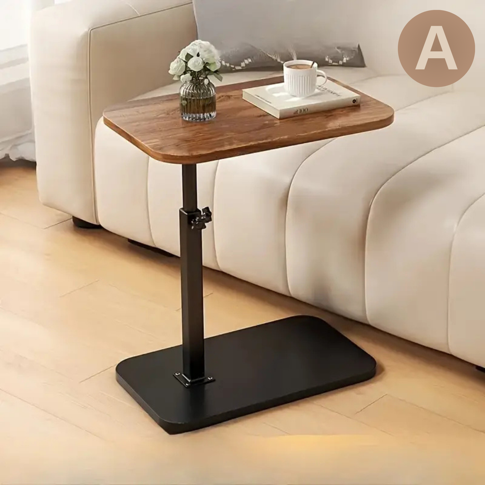 C Shaped Height Adjustable Rotating Wooden Coffee Side Table A