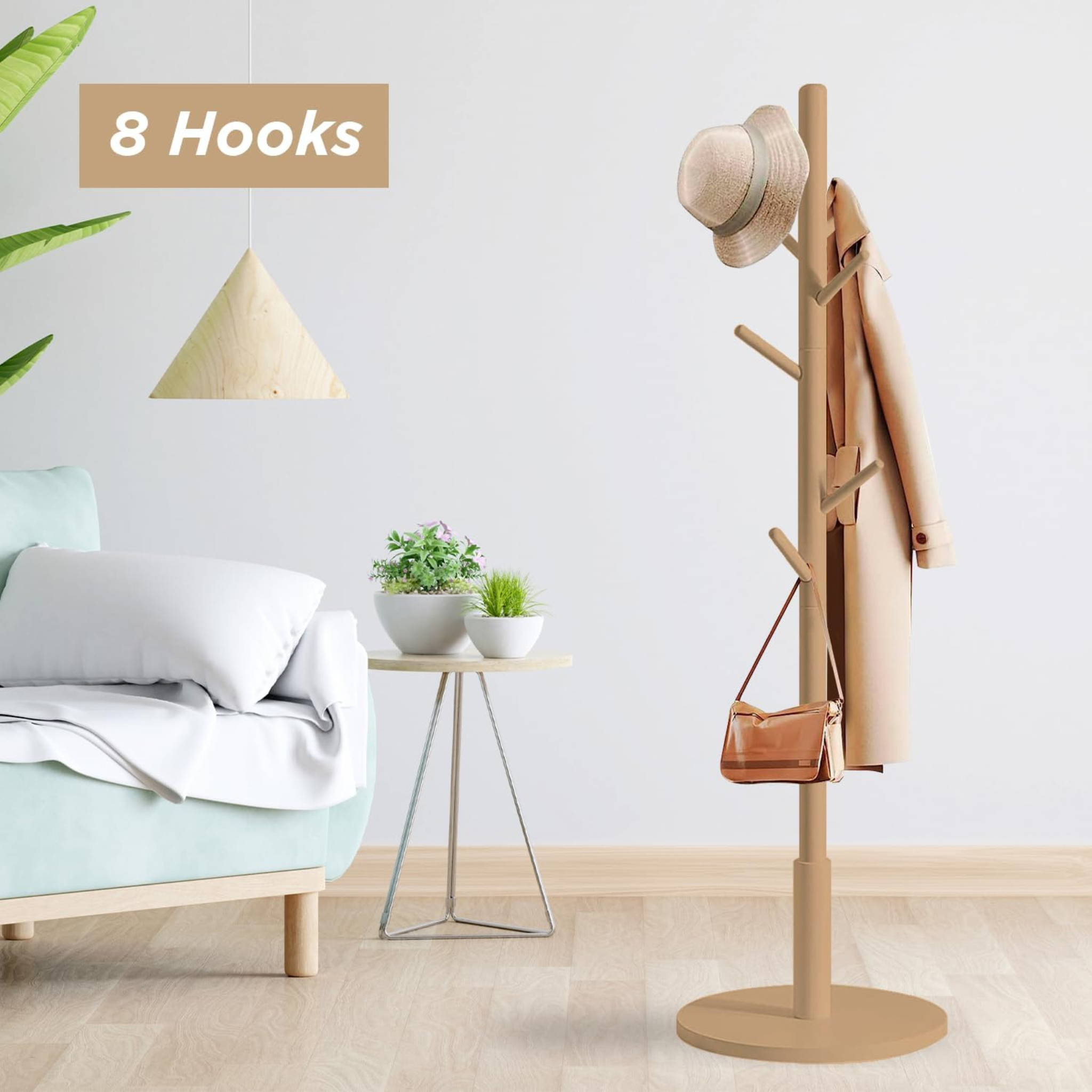 Straight Wooden Coat Hanger Clothes Stand with 8 Hooks Wooden
