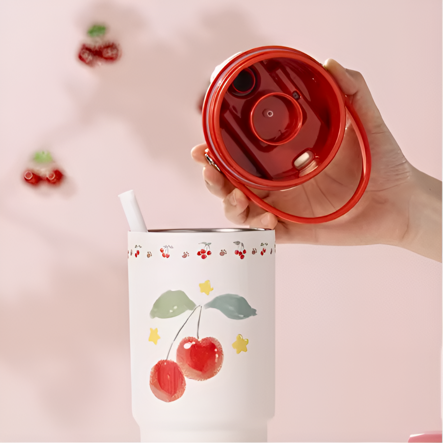 Diller Cherry Cartoon 900ml Insulated Thermal Vacuum Tumbler Ceramic Liner Portable Water Flask