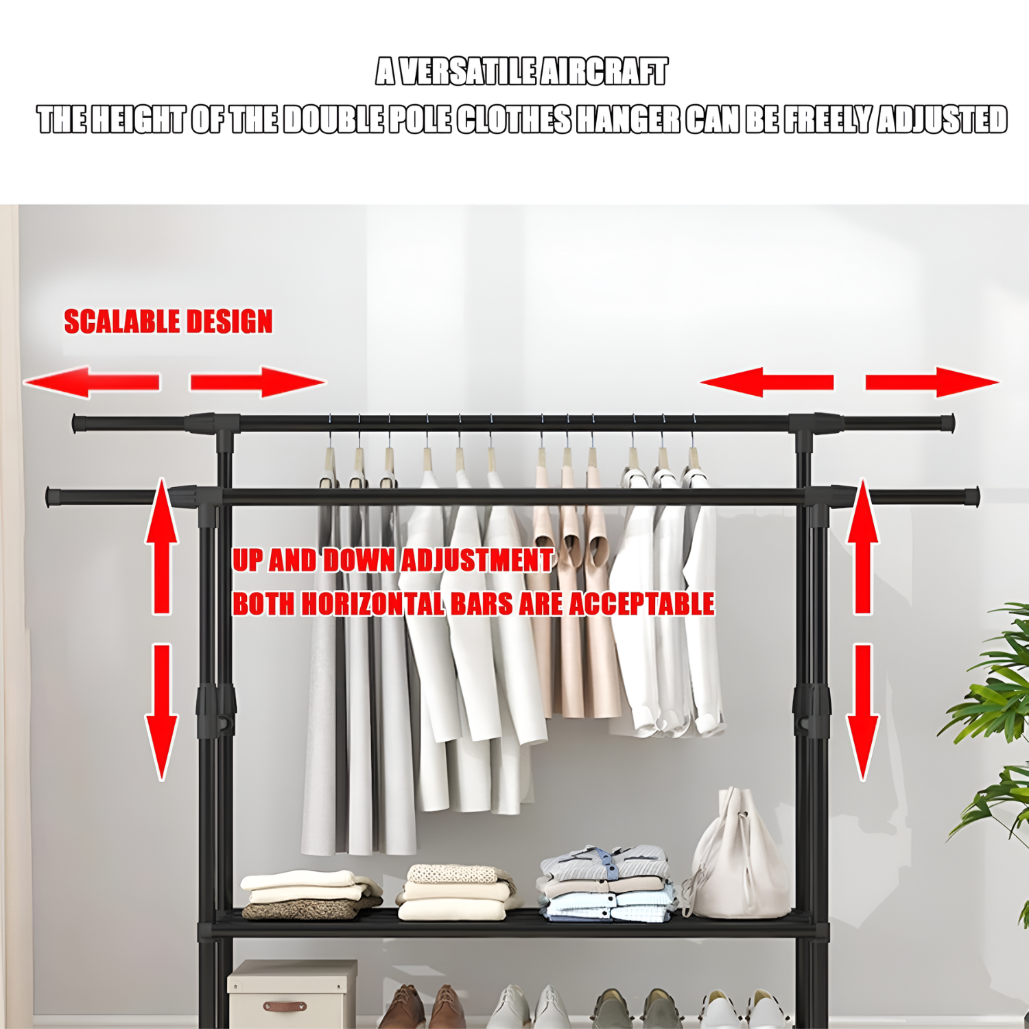 Adjustable Cloth Hanging Rack with Wheels for Coats, Dress