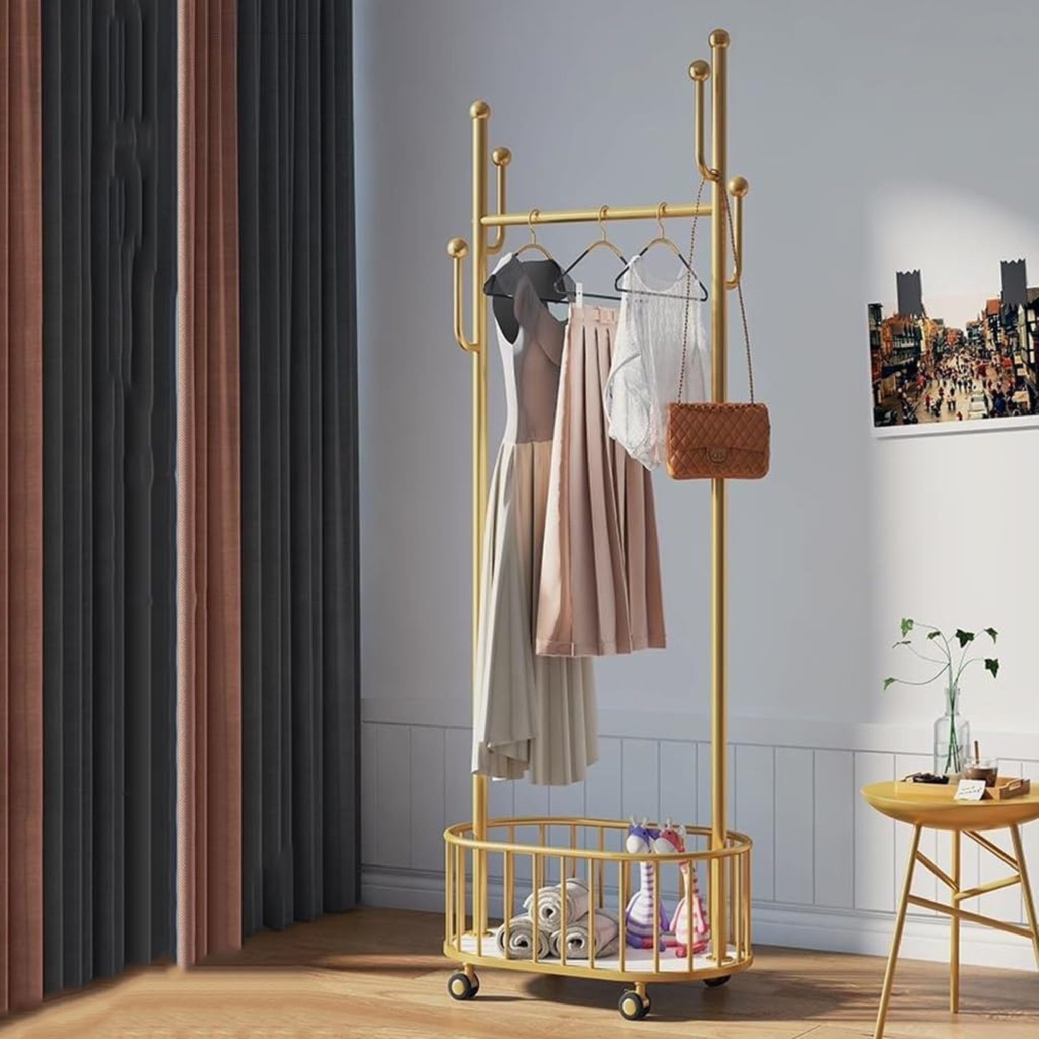 Classic Minimalist Metal Clothing Stand with Laundry Basket and Wheel