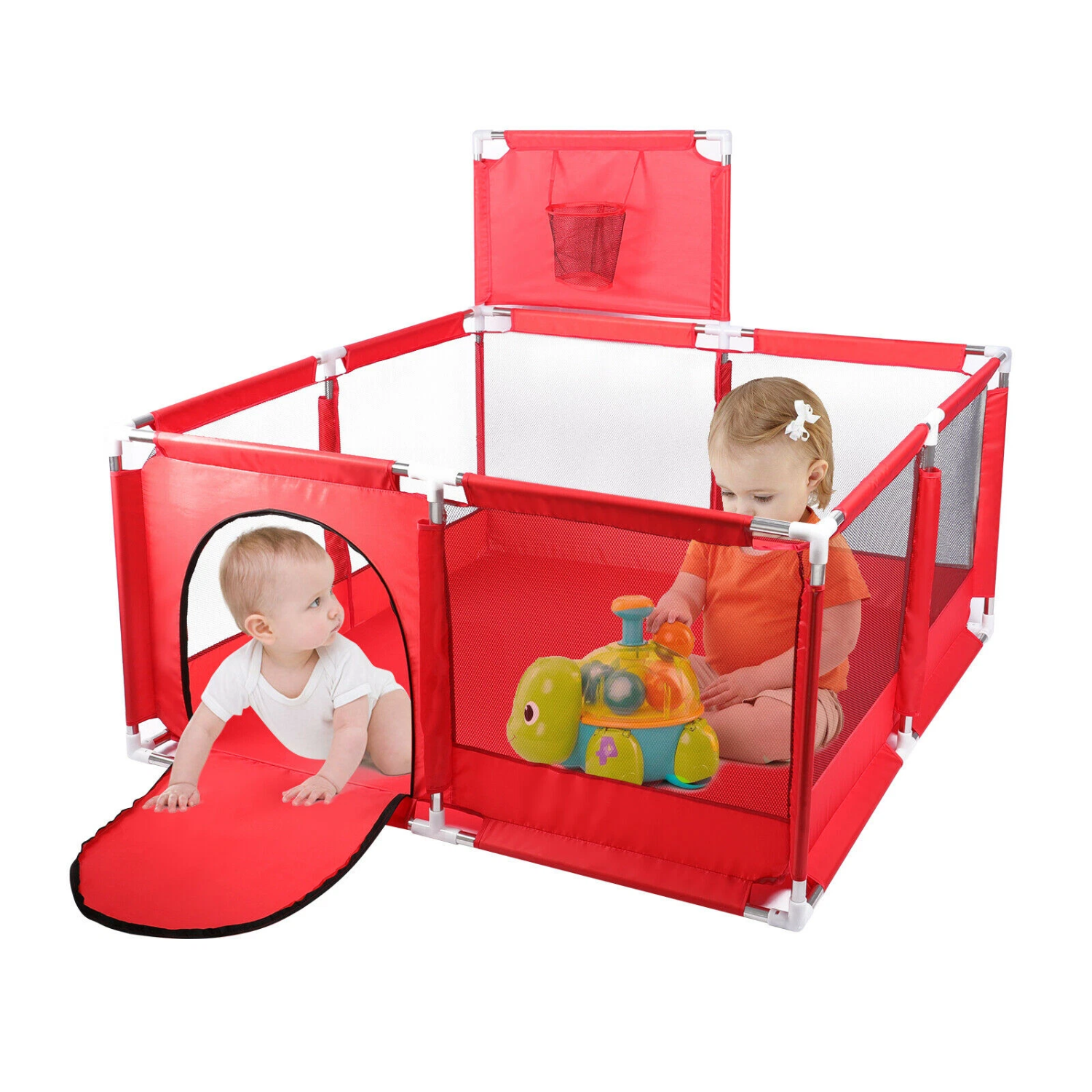 Baby Kids Playpen with Basketball Hoop, 126 x 126 cm Baby Play Yard Fence with 30 Balls Red