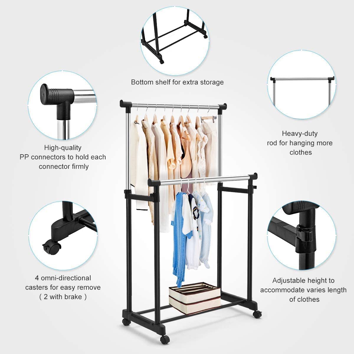 Stainless Steel Double Rails Telescopic Clothes Rack with Wheels