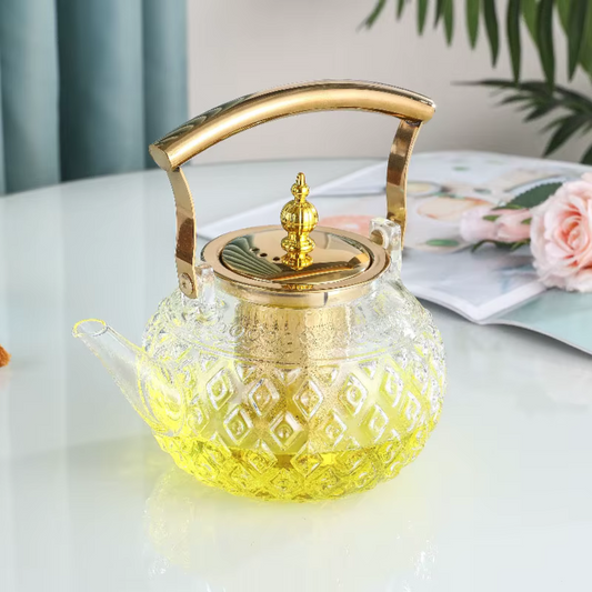 Transparent Glass Detailed Stylish 1300ml Golden Tea Pot with Handle