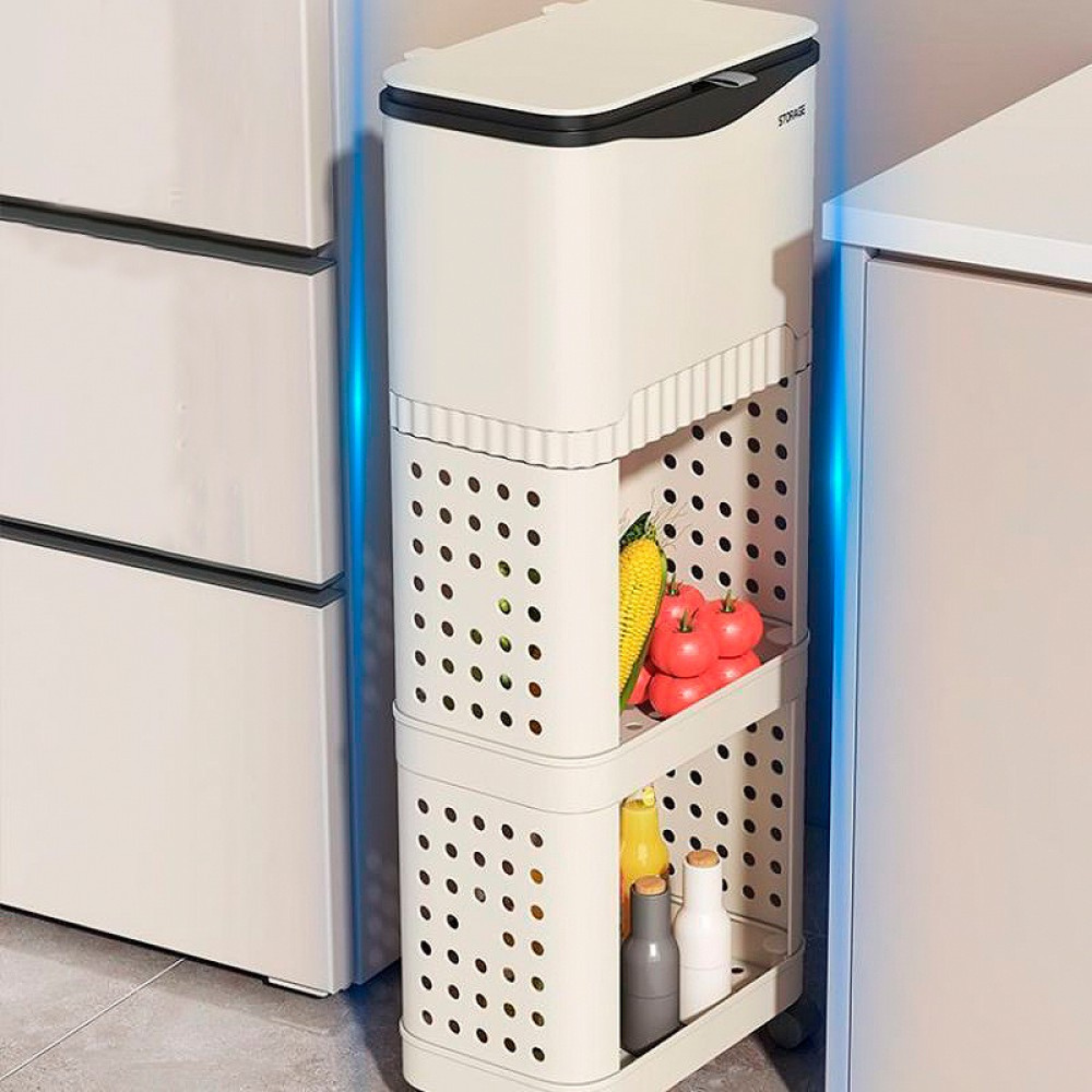 3 layer Kitchen Moving Cart Storage Rack with Garbage Trash Bin and Wheels