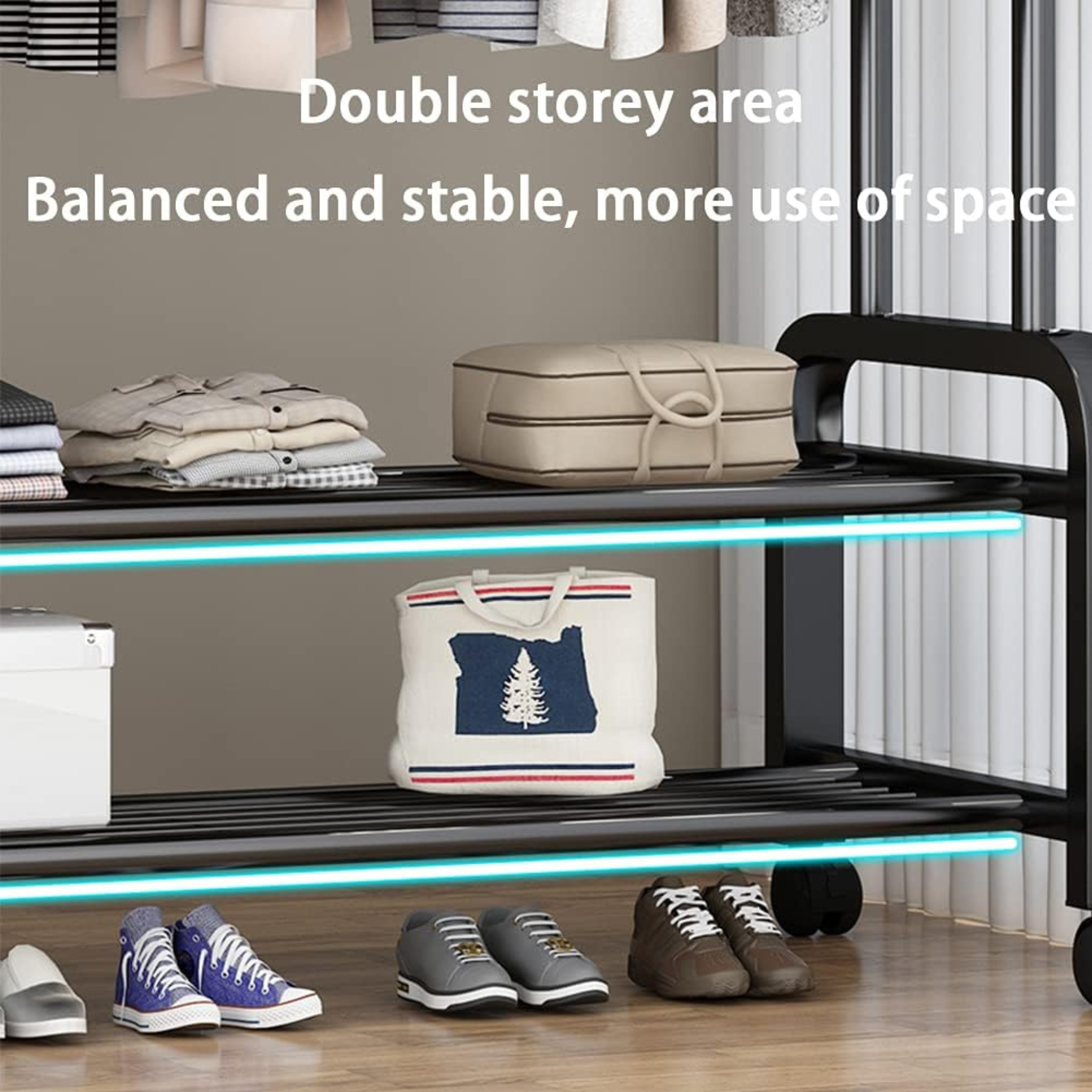 Double Pole Multifunctional 58Kg Double Layer Clothes Hanger with Wheels