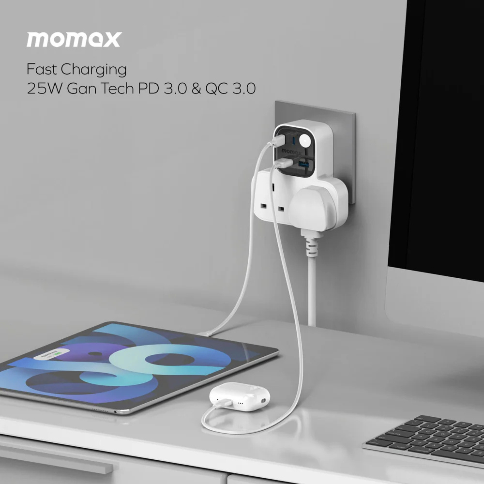 Momax 1-Charge Work Flow T-shaped Extension 2 Socket with USB