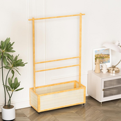 Bamboo Clothes Hanger with Bottom Laundry Basket and Wheels