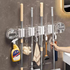 Suction Type Mop Holder / Wall Mounted Quick Setup Brooms Organizer with Hooks Suction Type Mop Holder / Wall Mounted Quick Setup Brooms Organizer with Hooks