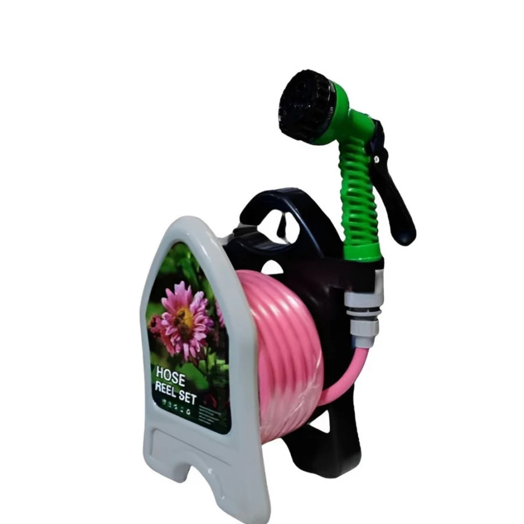 10 Meter Roll Up Garden Hose Reel with 8 Functions Nozzle Spray Gun Pink