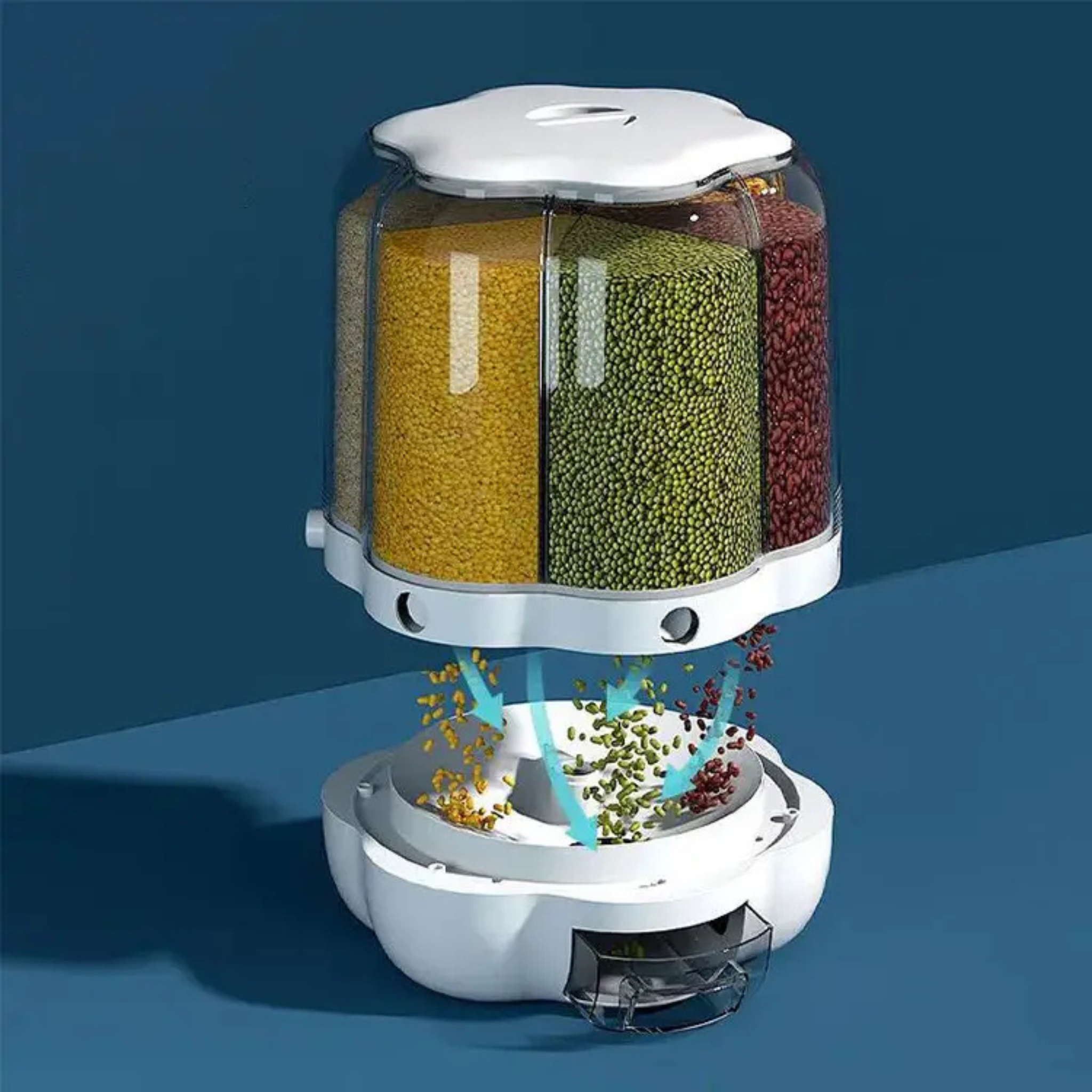 6 Grid Rotating 6.5Kg Rice & Cereal Dispenser Storage Organizer, One-click Rice Output