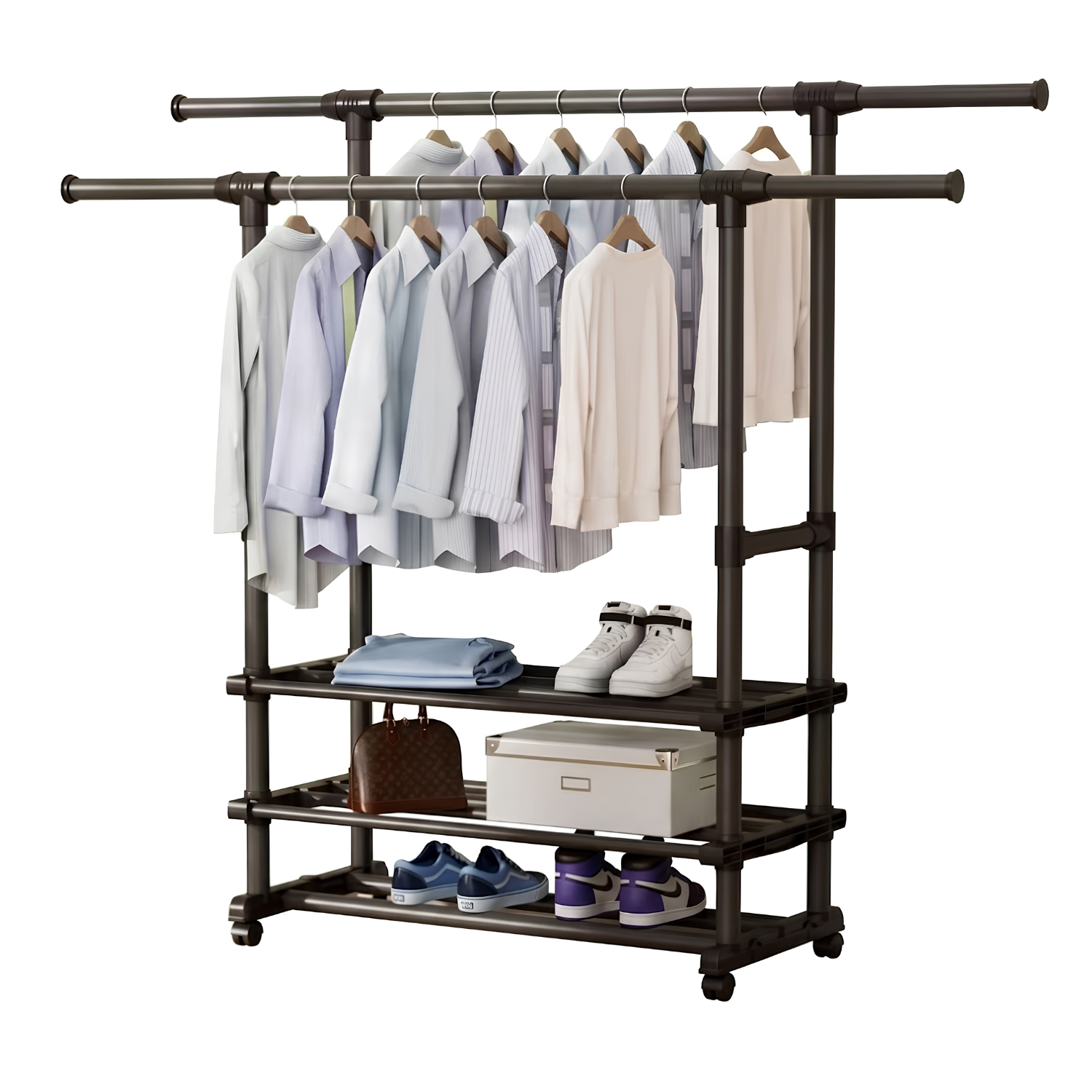 Extendable Double Rod Clothes Rack with Shoe Rack