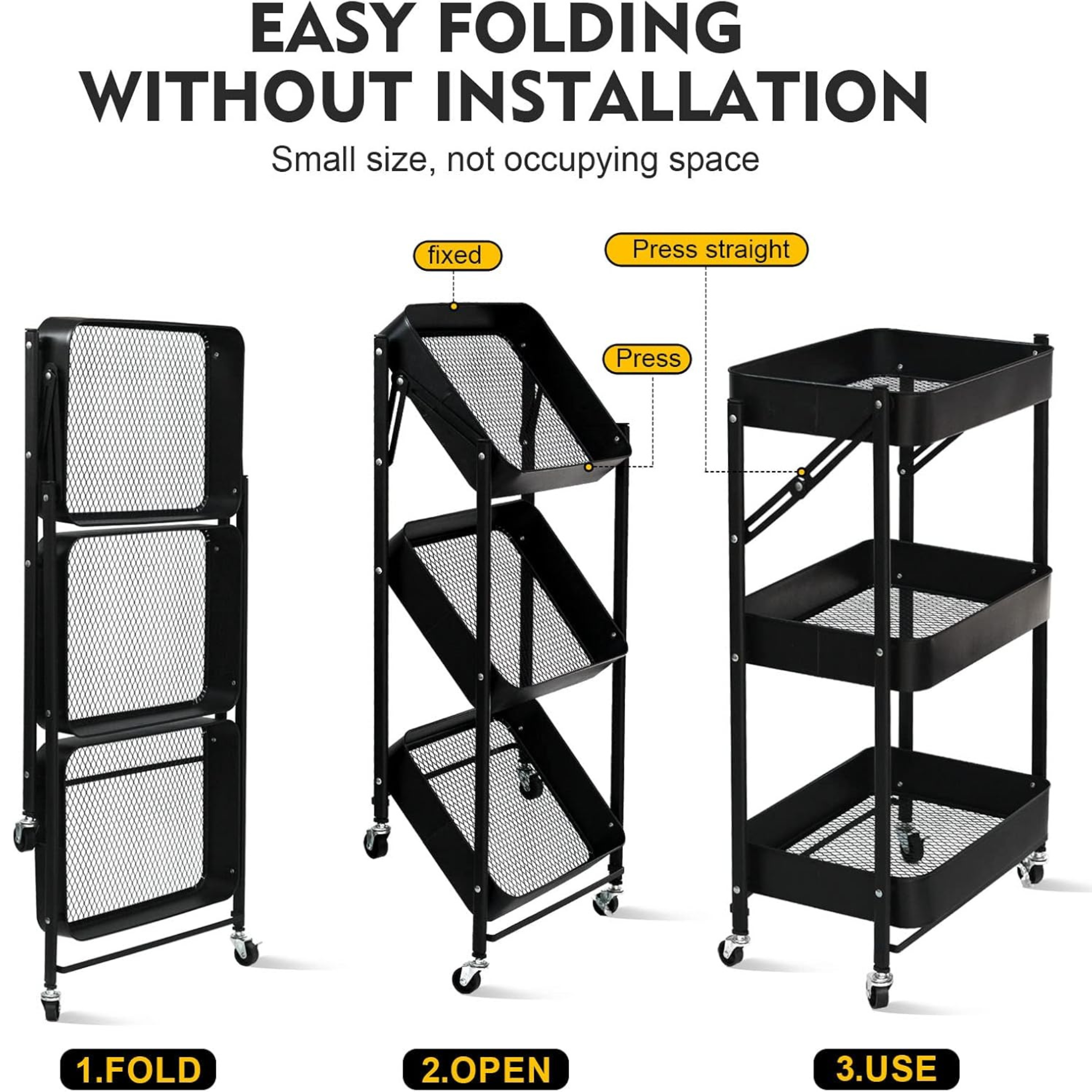 3 Tier Folding Kitchen Storage Trolley Organizer Rack with Locking Wheels