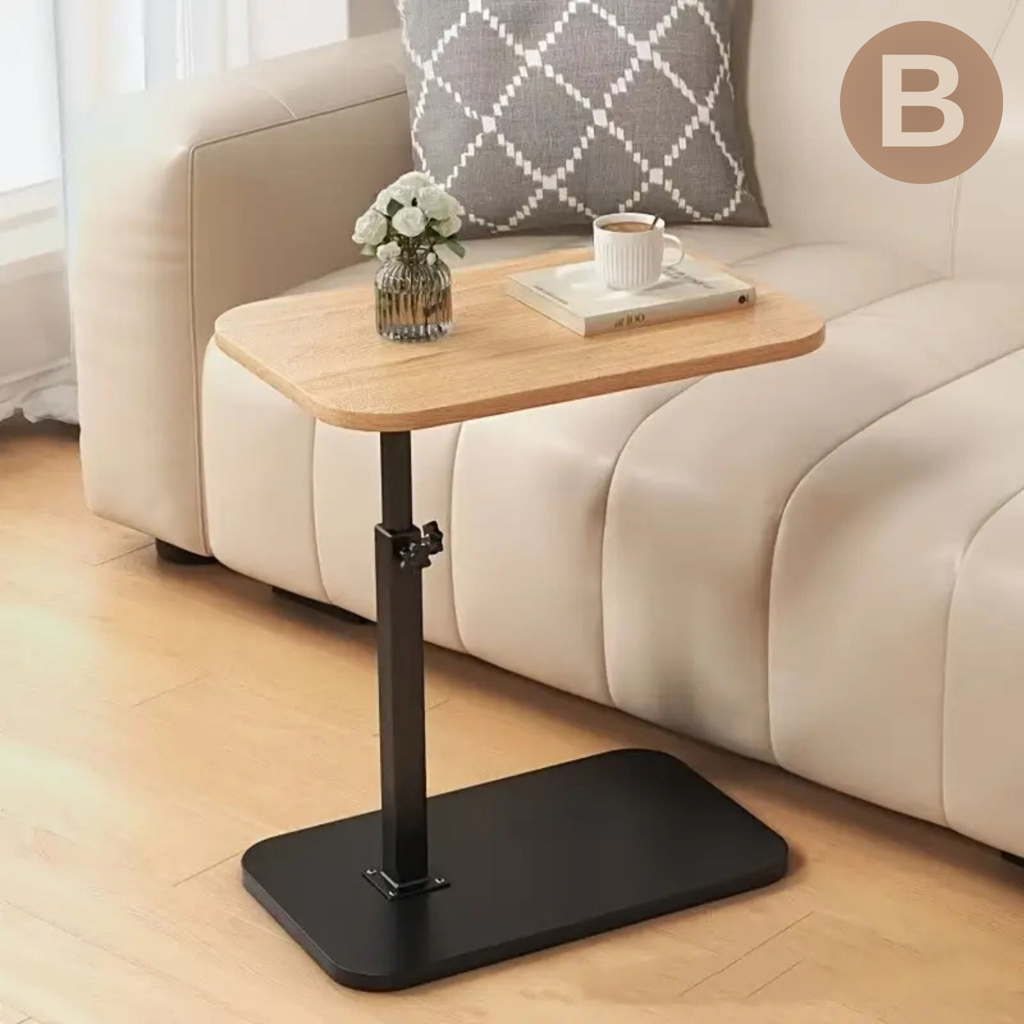 C Shaped Height Adjustable Rotating Wooden Coffee Side Table B