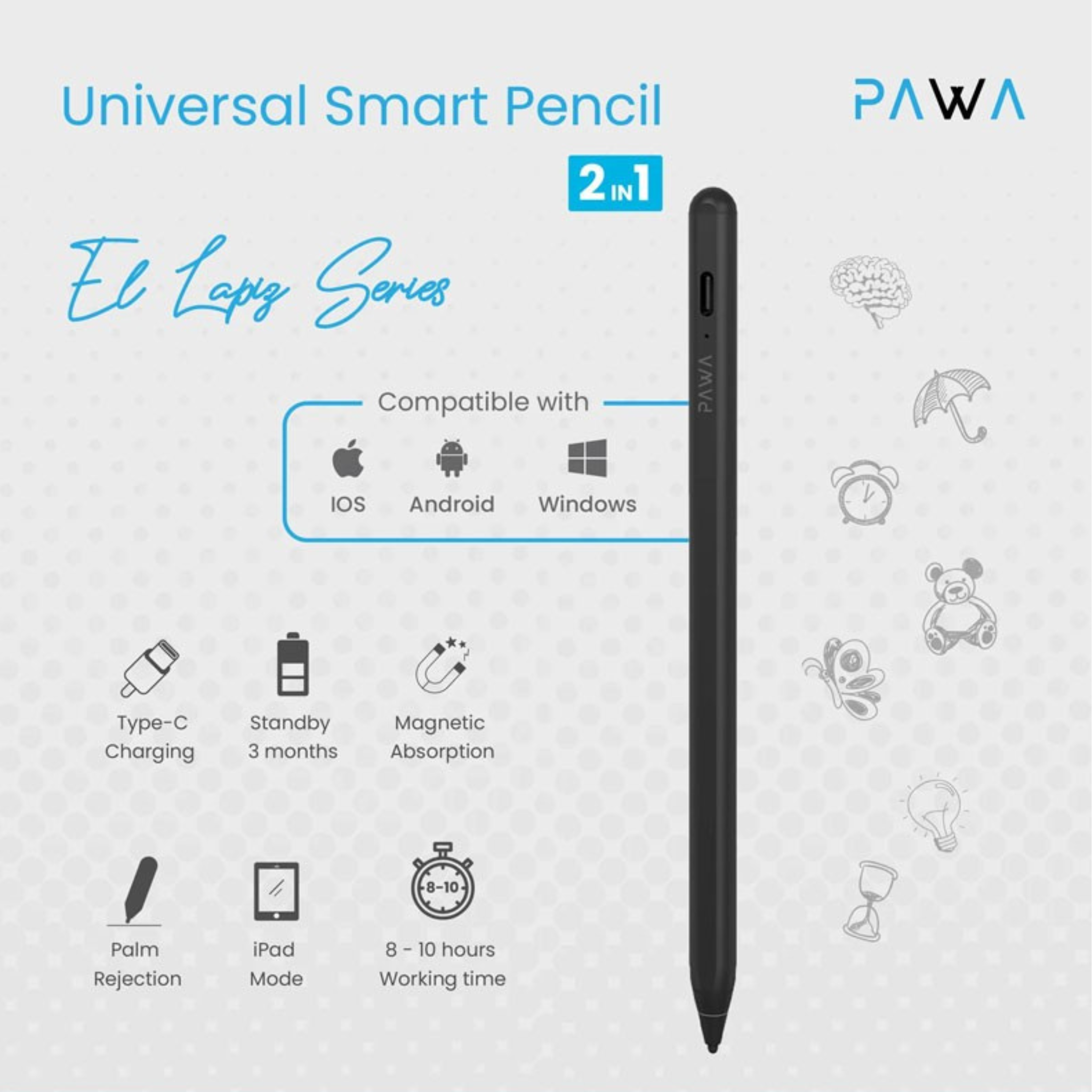 Pawa El Lapiz 2 IN 1 Universal Smart Pencil / Palm Rejection / Universal Stylus Pen