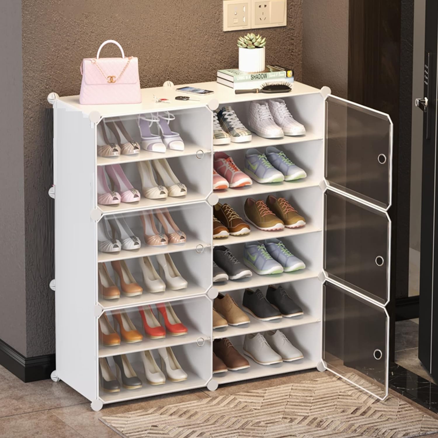 Multi Tier Shoe Rack with Cover, Shoe Cabinet with Doors 6 Doors White