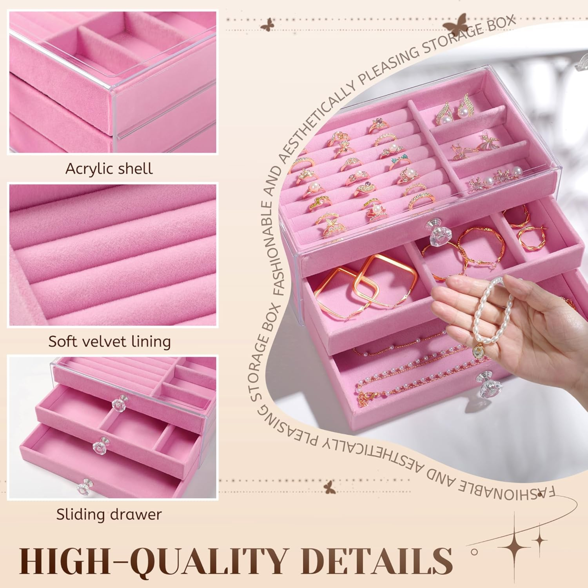 3 Layer Clear Acrylic Glass Jewelry Organizer, Stackable Jewelry Storage Box with Drawers