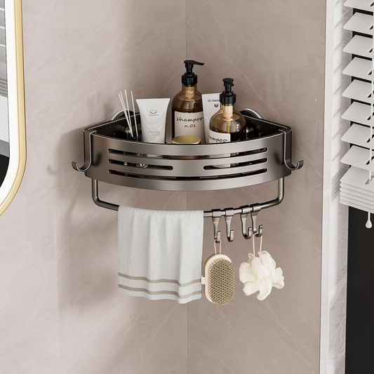 Wall Mounted Bathroom Corner Metal Organizer Shelf with Towel Hanger and Hooks
