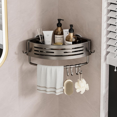 Wall Mounted Bathroom Corner Metal Organizer Shelf with Towel Hanger and Hooks