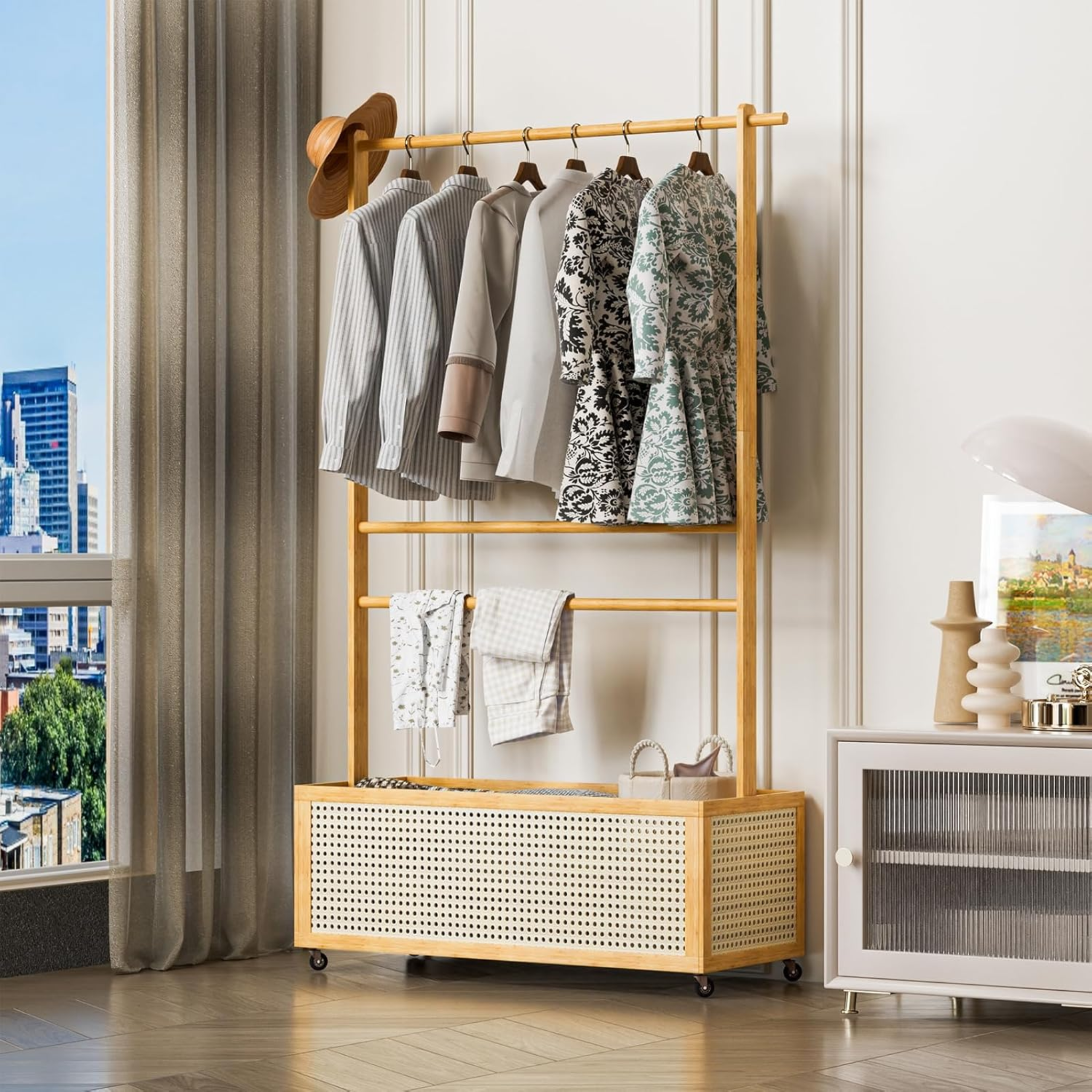 Bamboo Clothes Hanger with Bottom Laundry Basket and Wheels