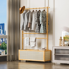 Bamboo Clothes Hanger with Bottom Laundry Basket and Wheels