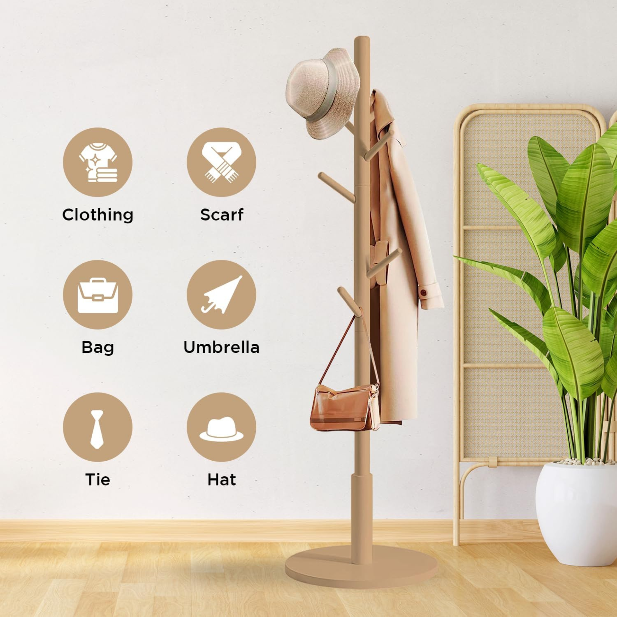 Straight Wooden Coat Hanger Clothes Stand with 8 Hooks