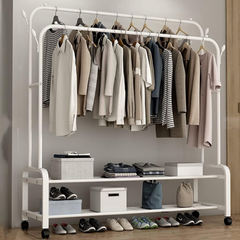 Clothes Organizer Stand with Wheels, 48 Kg Heavy Duty Double Layer Garment Hanger Rack