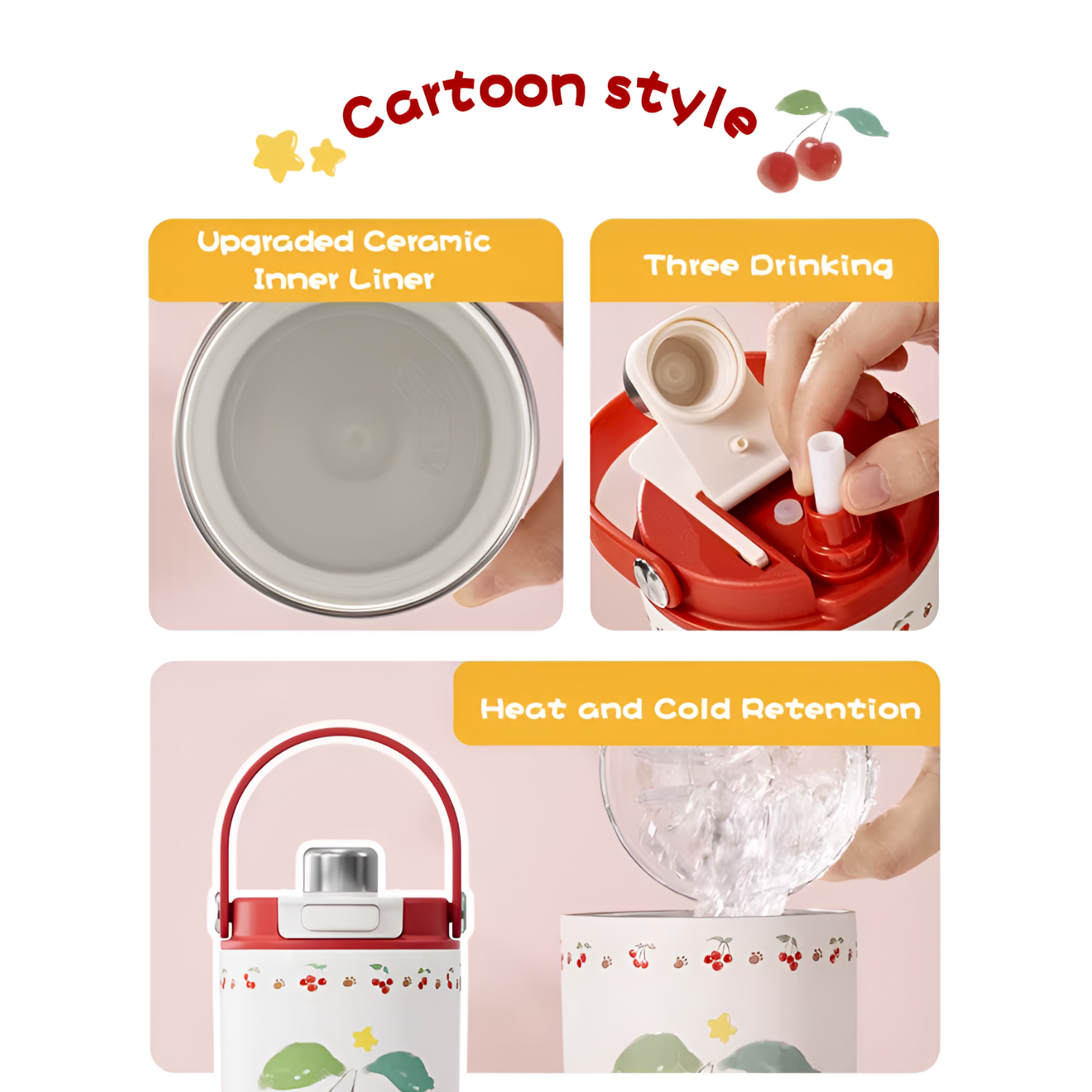 Diller Cherry Cartoon 900ml Insulated Thermal Vacuum Tumbler Ceramic Liner Portable Water Flask