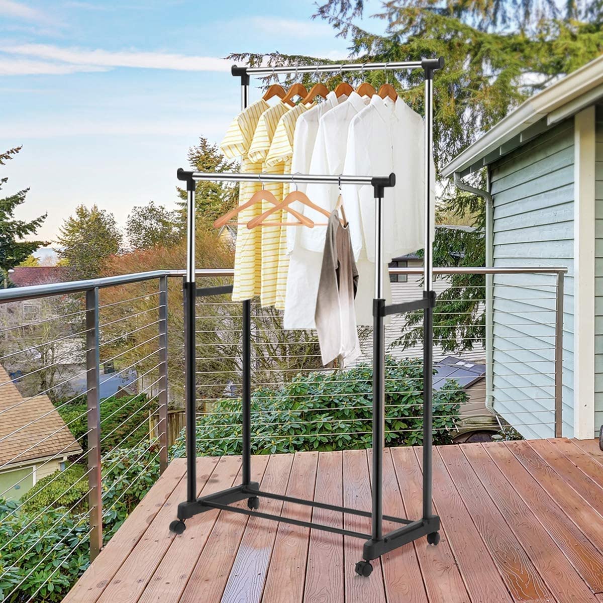 Stainless Steel Double Rails Telescopic Clothes Rack with Wheels