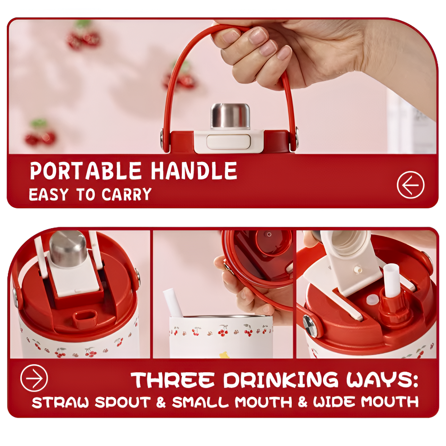 Diller Cherry Cartoon 900ml Insulated Thermal Vacuum Tumbler Ceramic Liner Portable Water Flask