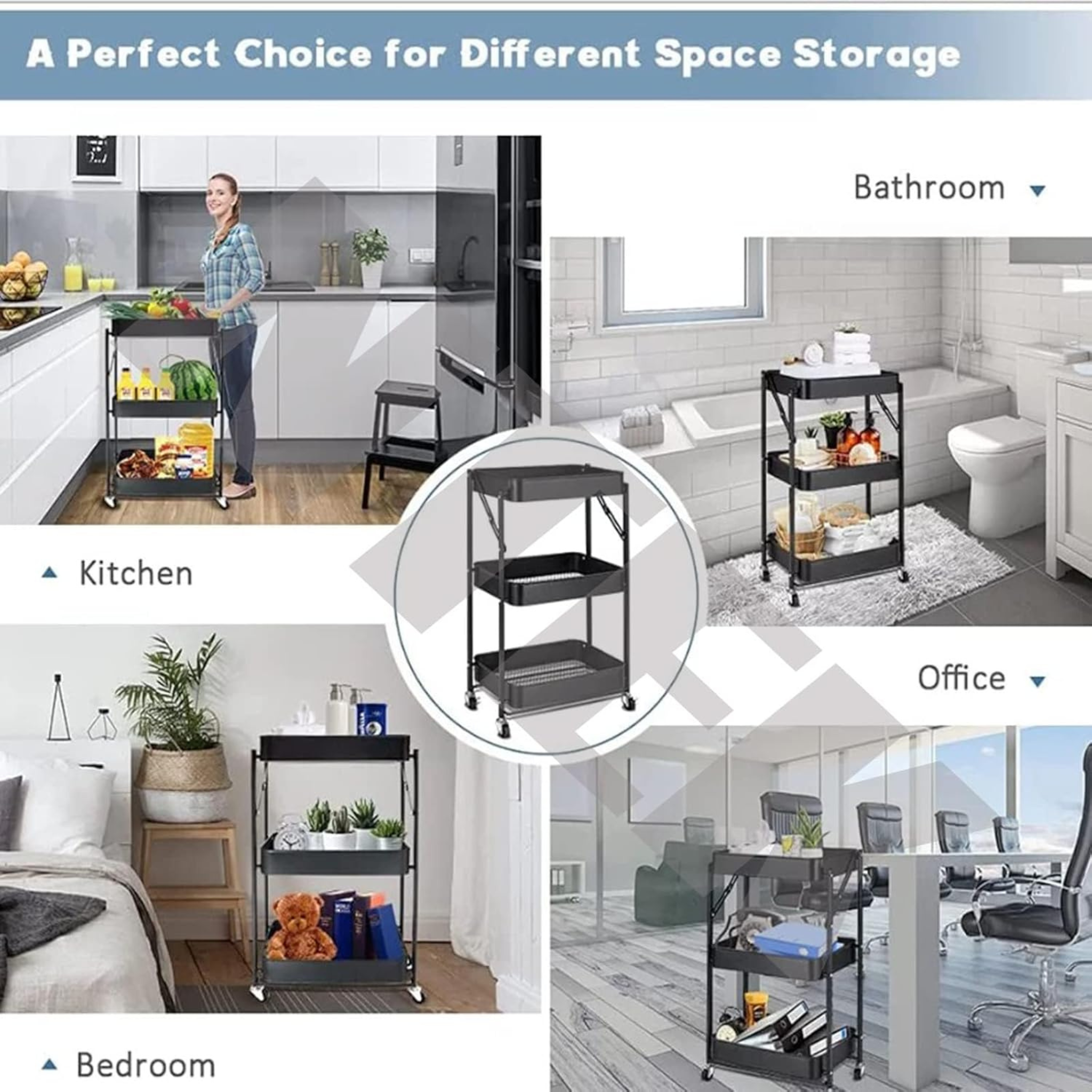 3 Tier Folding Kitchen Storage Trolley Organizer Rack with Locking Wheels