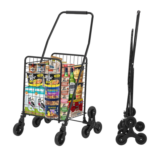 Folding Grocery Cart with Stair Climbing Wheels, Collapsible Utility Shopping Trolley