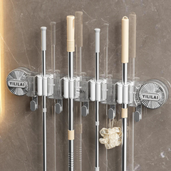 Suction Type Mop Holder / Wall Mounted Quick Setup Brooms Organizer with Hooks Suction Type Mop Holder / Wall Mounted Quick Setup Brooms Organizer with Hooks