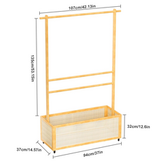 Bamboo Clothes Hanger with Bottom Laundry Basket and Wheels