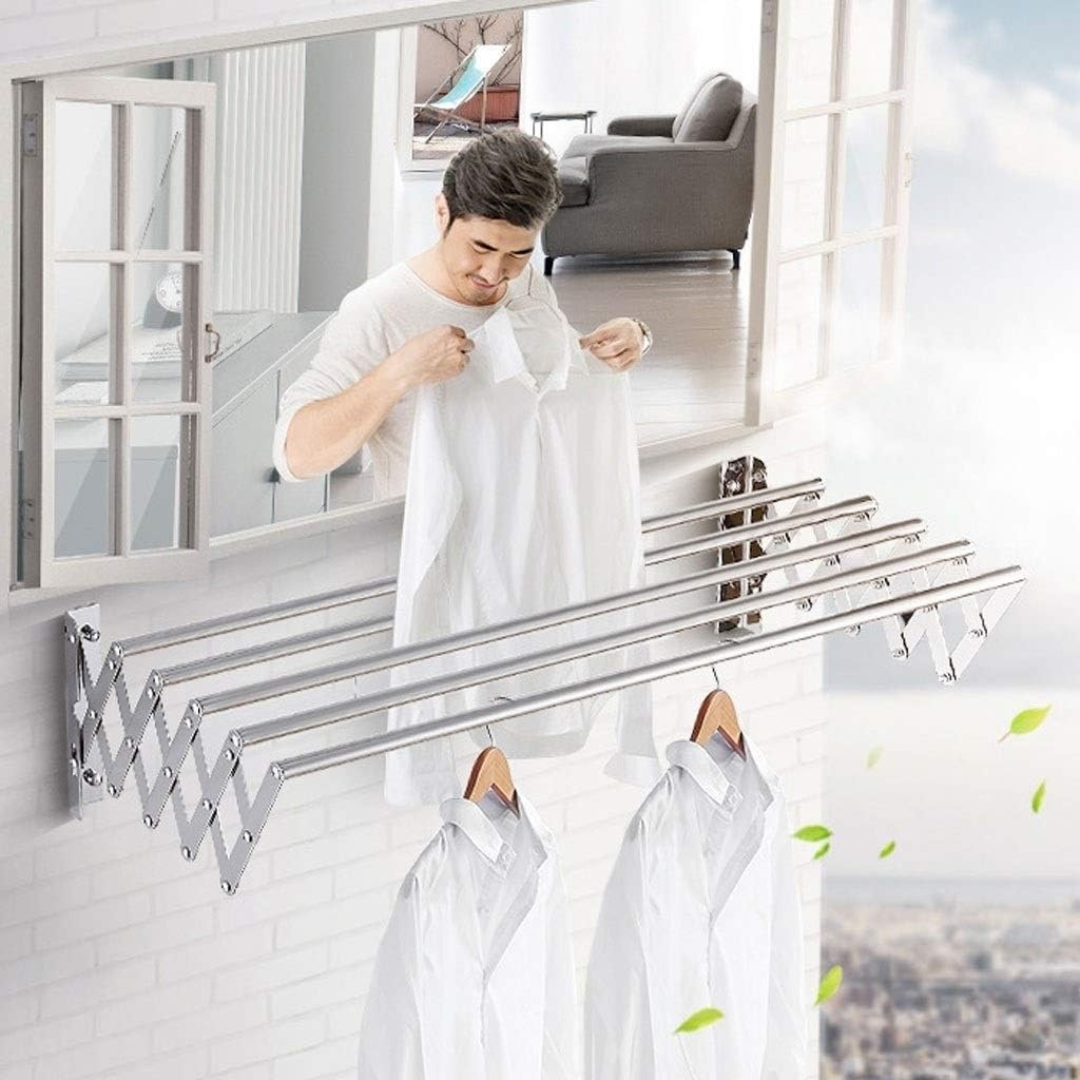 5 Bar Wall Mounted Folding Clothes Drying Rack, Collapsible Extendable Laundry Hanger