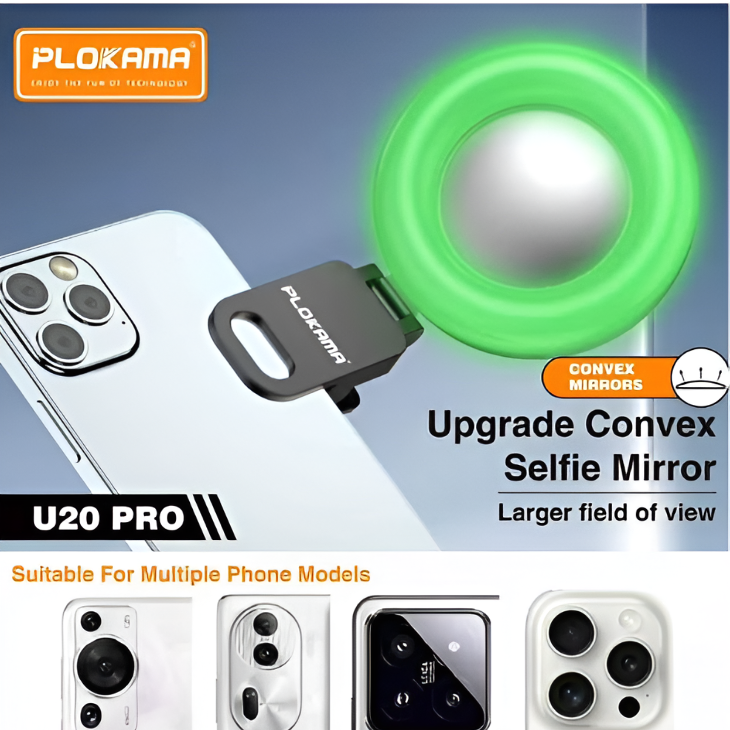 Plokama U20 Pro Phone Clip Fill Light Selfie Ring Light Attachment with Mirror