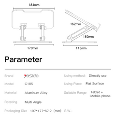 Adjustable Height Foldable Aluminium Alloy Tablet Holder Stand - Yesido C185 Adjustable Height Foldable Aluminium Alloy Tablet Holder Stand - Yesido C185