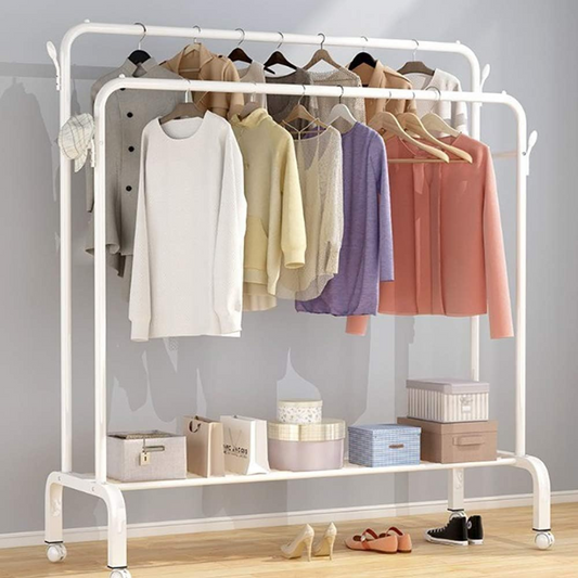 Garment Rack with Wheels - 35Kg Load Capacity Double Rode Hanging Clothes Drying Stand White