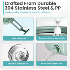 Spin Floor Mop Bucket Set with Wringer, Hands-free Wring Mop with 2 Microfiber Heads