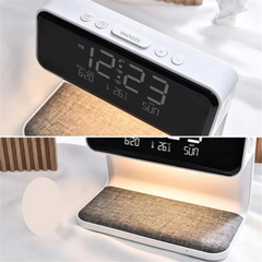 مصباح ليلي أنيق 3 في 1 بجانب السرير مع شحن لاسلكي وساعة منبه وشاشة LCD
