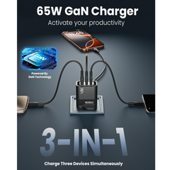 Moxedo Lite 65W Fast Charging GaN Charger with Dual USB C / 1 USB A Port & USB C Cable