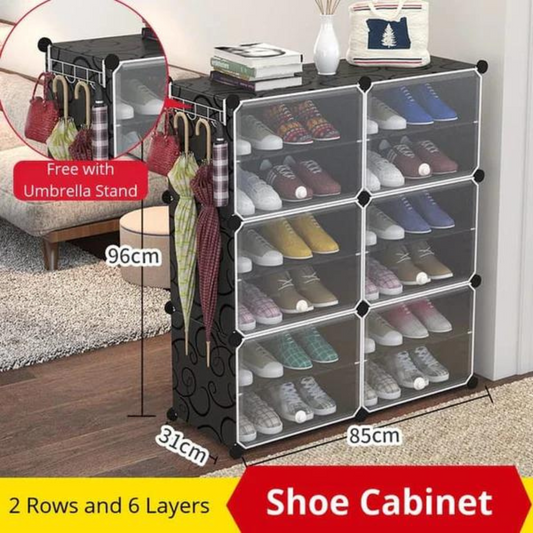 Multi Tier Shoe Rack with Cover, Shoe Cabinet with Doors 6 Doors Black