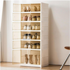 Multi-Layer Folding Premium Shoe Display Cabinet, Collapsible Telescopic Shoe Rack with Doors