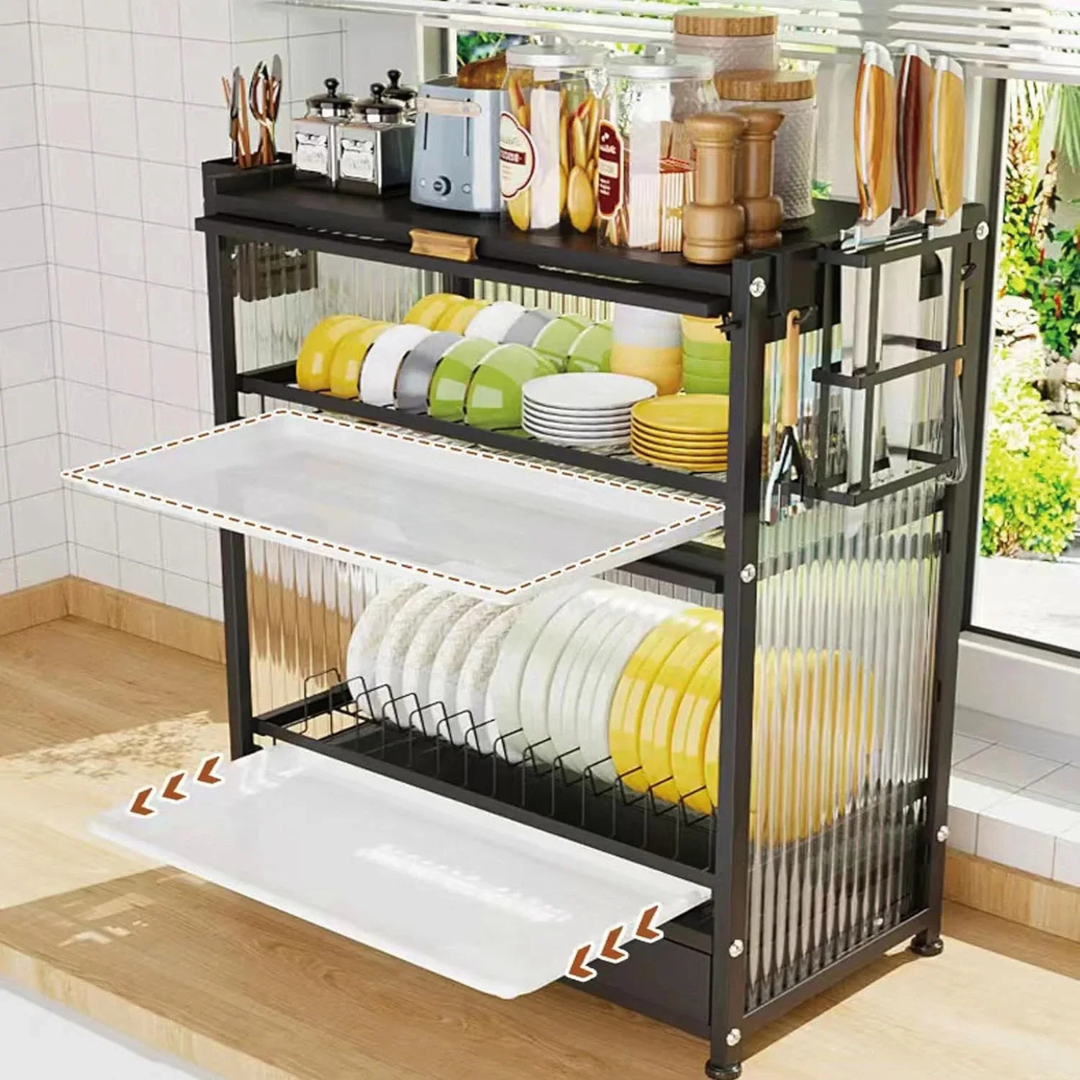 Dish Drainer Rack with Drawer & Lid Cover - Kitchen Countertop Storage Cabinet